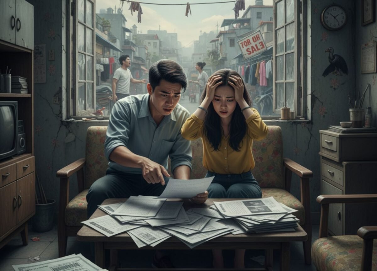 Một cặp đôi đang căng thẳng xem xét giấy tờ tài chính trong căn hộ cũ, minh họa cho những rủi ro khi mua nhà thiếu giấy tờ hoặc phát sinh nhiều chi phí.